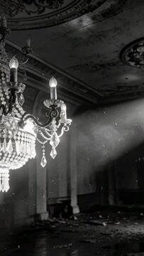 Vertical video: Crystal chandelier catching beam entering right in ruined hall dust showing ruin