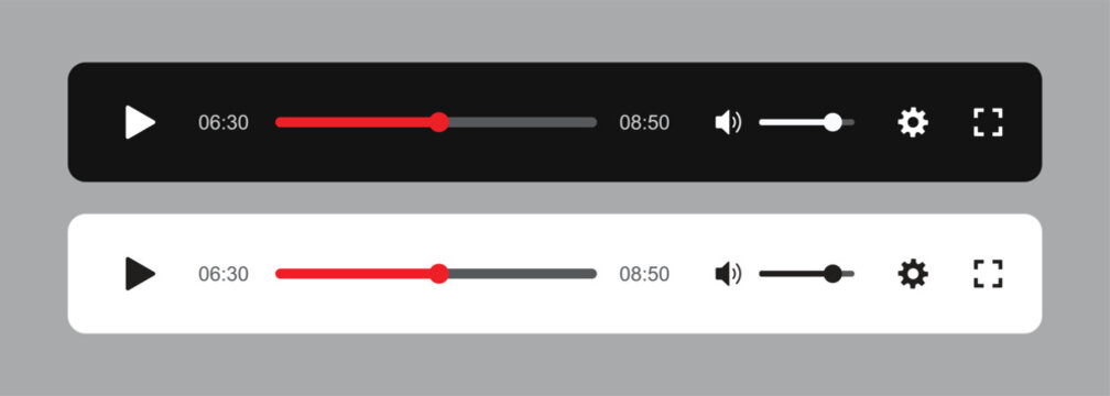 Video player interface control panel with progress bar playback buttons volume level settings and fullscreen icon on light background vector illustration