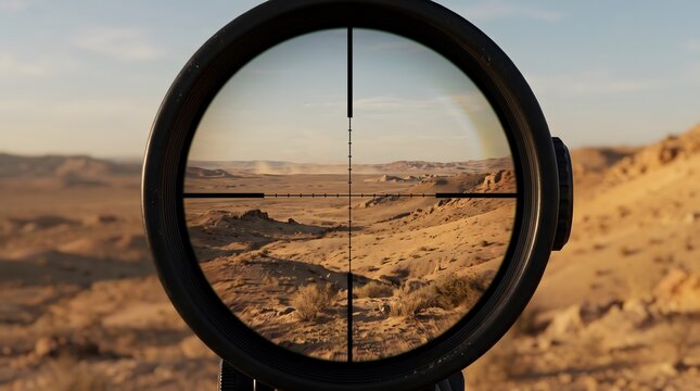 Desert landscape view through a rifle scope reticle aiming at distant hills