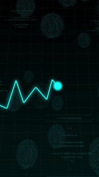 Data technology animation sheets overlay futuristic neon graph lines past fingerprint graphics Financial banking authentication platforms look advanced over this mesh