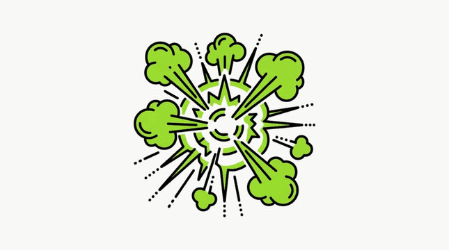 Animated green explosion vector illustration with smoke clouds and motion lines. Flat comic style blast effect for toxic, chemical, or energy concepts on white background.
