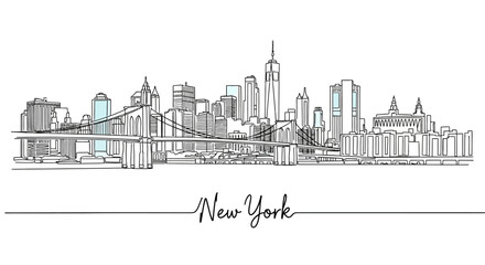 Naklejka premium New York City Skyline Sketch - Iconic Architecture & Brooklyn Bridge Art
