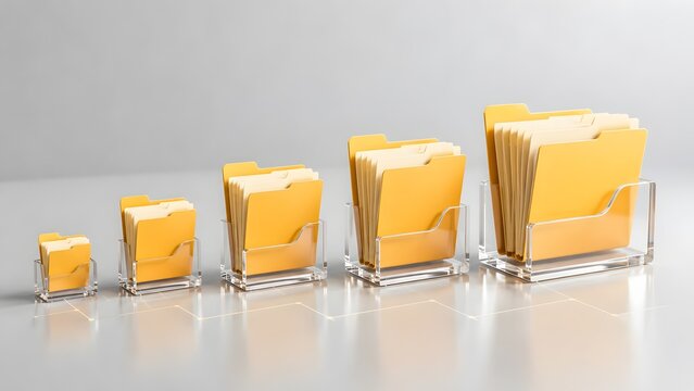 Yellow file folders in transparent organizers growing in size representing business data management and document archive progression