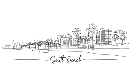 Fototapeta premium South Beach skyline outline, palm trees and ocean line art, Miami coastal cityscape