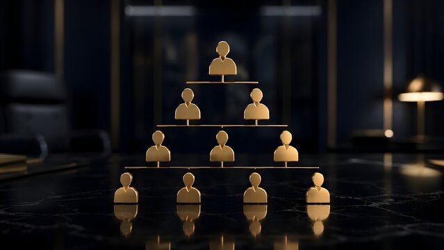 Golden human figures arranged in organizational chart hierarchy pyramid on desk representing corporate structure business management and leadership