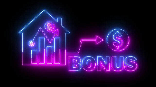 Glowing neon pink and blue color business graph sign icon animation dollar money finance chart arrow report profit diagram investment success sign symbol on black background