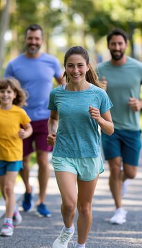 Family running together outdoors on a sunny day