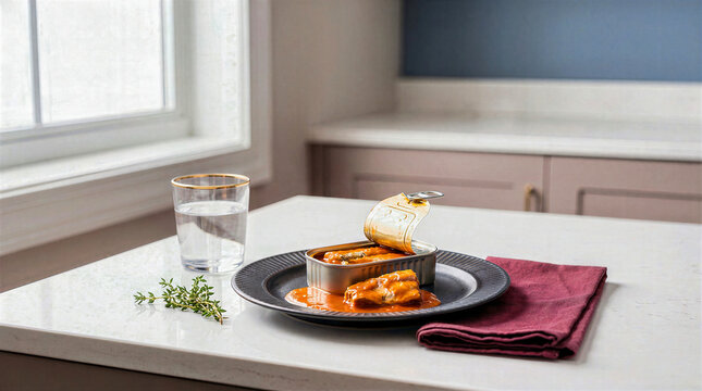 Open canned fish in rich orange tomato sauce served on dark ribbed plate upon kitchen countertop. Seafood meal with fresh sprig of thyme, napkin and glass of water by window with copy space
