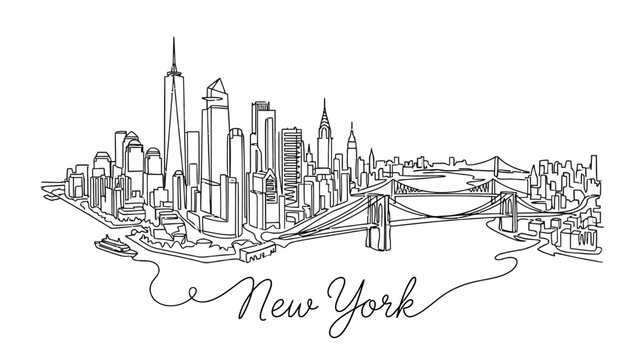 New York City Skyline Sketch with Brooklyn Bridge and One World Trade Center