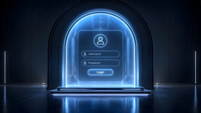 Glowing blue futuristic portal gateway with floating digital login screen representing secure cyber access virtual identity and network authentication