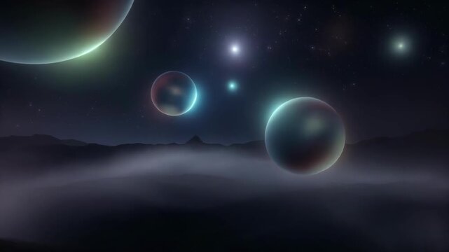 Two glowing spheres floating in a dark, misty environment with a distant light