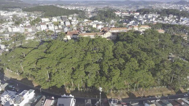 Aerial drone view of Lam Dong Ethnic Minority Boarding School in Cam Ly Ward, Da Lat, Vietnam, surrounded by pine forests and the scenic highlands of Lam Dong Province.
