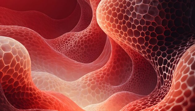 Microscopic cellular structures and organic biological cave networks. Biotechnology and medical research concepts. Deep red and orange honeycomb cellular walls curving in an immersive space