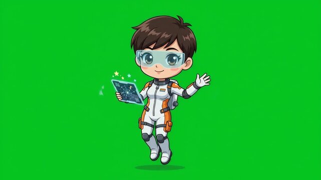 Cute cartoon astronaut character waving and holding a tablet, on a green screen background.
