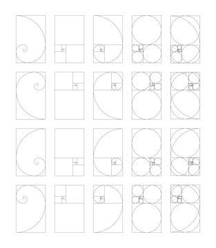 Vertical Fibonacci numbers array set of 15 elements. Template of golden ratio harmony proportions. Ratio used in design, art.