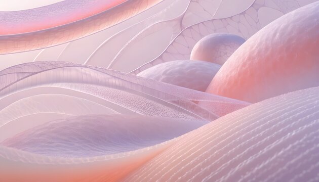 Soft organic dunes and microscopic biological textures in pastel tones. Abstract natural landscapes and minimalist design concepts. Smooth undulating fabric layers with delicate textures