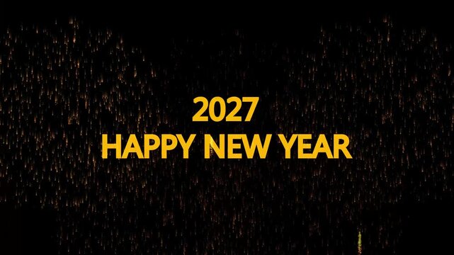 Golden fireworks bursting and cascading down against a black background, centered with bold yellow text reading "2027 HAPPY NEW YEAR". Animated New Year's Eve celebration video title, festive holiday 
