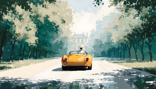 Retro vintage yellow convertible car on a quiet country road. Peaceful travel and heritage motoring concepts. Man driving a classic car through a serene tree lined avenue on a sunny day