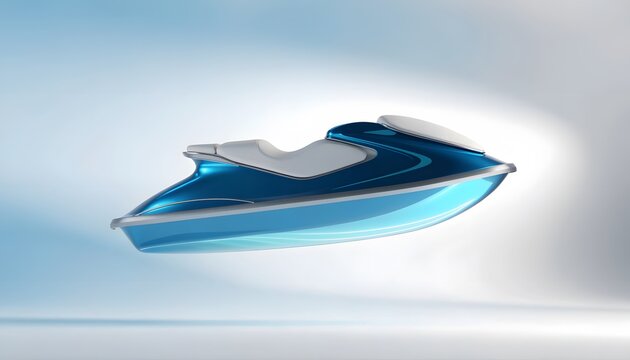Sleek blue futuristic jet ski floating in a clean studio. Modern watercraft and luxury marine design concepts. Aerodynamic water scooter product mockup displayed against a bright gradient background