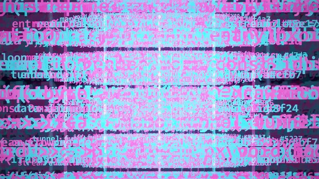 Abstract digital glitch animation with scrolling computer code and distorted neon pink and blue colors