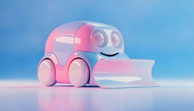 Cute cartoon toy car with big funny eyes and a plow front. Children toys and playful character design concepts. Pink and blue toy vehicle rolling on a clean studio floor