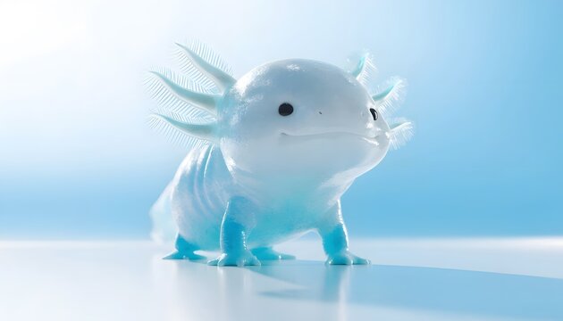 Cute little white axolotl standing proudly on a clean studio surface. Exotic aquatic pets and cute animal character design concepts. Small glowing amphibian posing with a happy smile