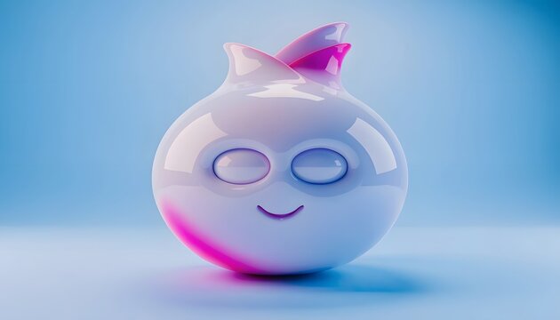 Glossy ceramic onion shaped character with a smiling face. Cute vegetable mascot and healthy food concept art. Smooth white and pink stylized bulb character resting on a studio floor