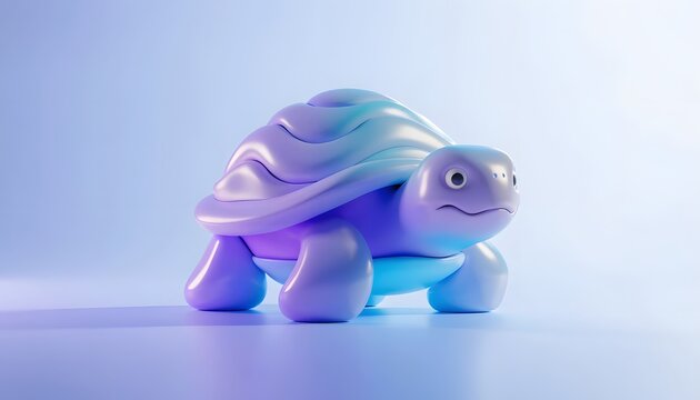 Smooth 3D turtle character with soft purple and blue gradients. Contemporary digital art and stylized animal toys. Cute ceramic turtle figurine displayed against a light background