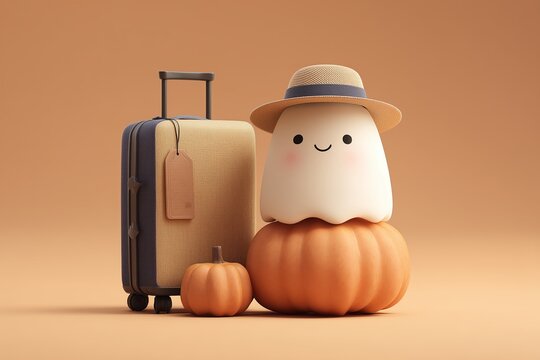 Cute Halloween Traveler Ghost with Straw Hat Sitting on Pumpkin Next to Suitcase