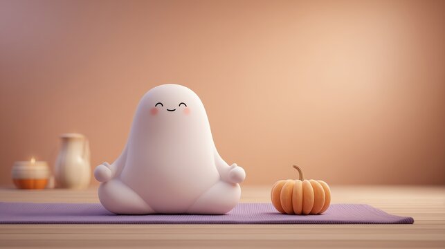 Cute 3D Ghost Meditating on Yoga Mat in Lotus Pose with Pumpkin