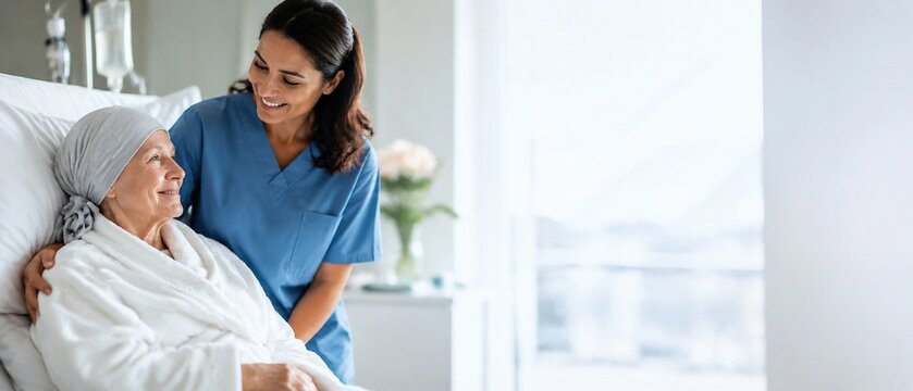 Compassionate nurse providing emotional support to cancer patient during chemotherapy treatment in hospital room