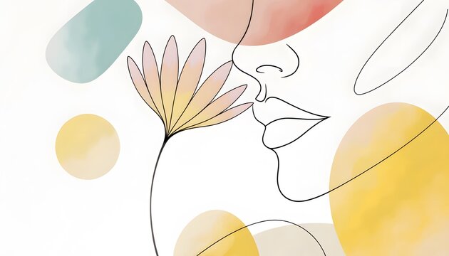 Abstract line art female face with colorful watercolor background shapes. Modern beauty branding and natural cosmetics concepts. Elegant woman profile smelling a flower illustration