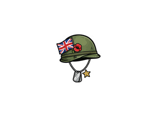 Fototapeta premium Green Military Helmet With Red Poppy British Flag Dog Tag And Gold Star Vector Illustration