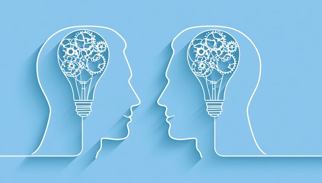 Vector of two human heads made of gears with light bulb shape inside