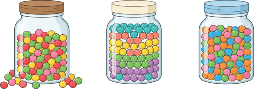 Set of Three Colorful Glass Jars Filled with Vibrant Candies, Sweets, and Gumballs for Festive Backgrounds, Food Graphics, and Creative Designs