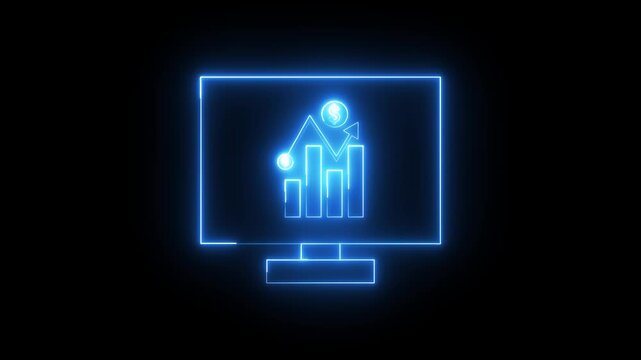Glowing neon blue color business graph sign icon animation dollar money finance chart arrow report profit diagram investment success sign symbol on black background