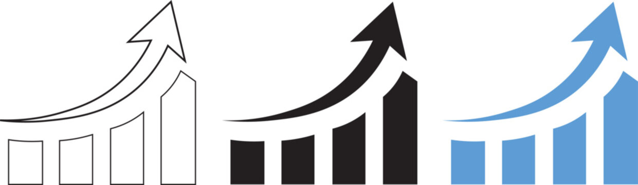Growing bar chart with upward arrow icon set, Growth increase and decrease sign. Upward or downward trend bar chart i