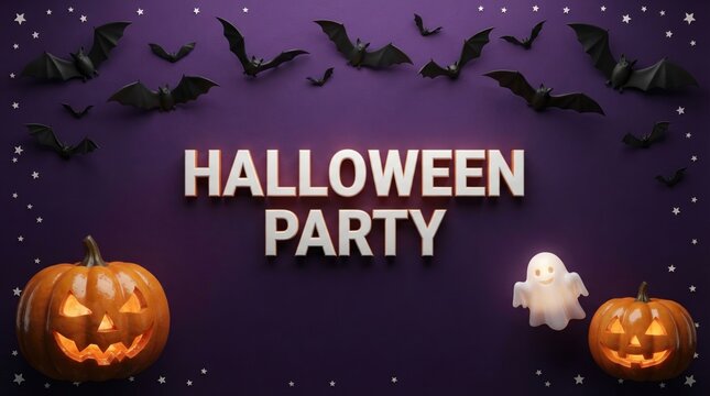 Halloween party design with pumpkins bats and ghost on dark background