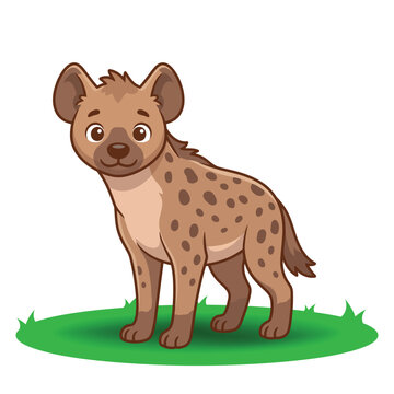 Cute cartoon hyena standing on green grass isolated on a white background for children book illustration