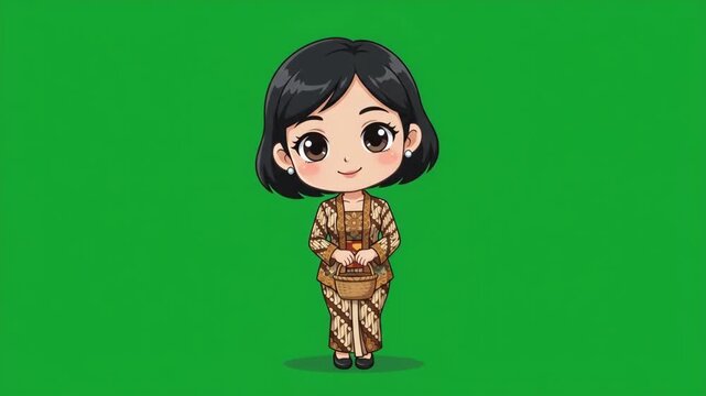 Cute cartoon character of a woman wearing traditional Indonesian kebaya dress, with a green screen background.