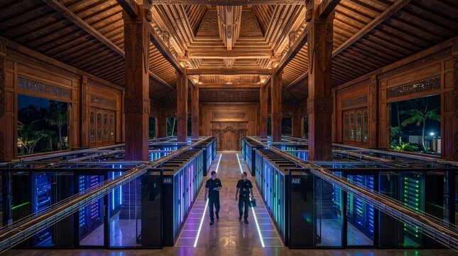 Data center server racks aligned symmetrically inside a grand traditional