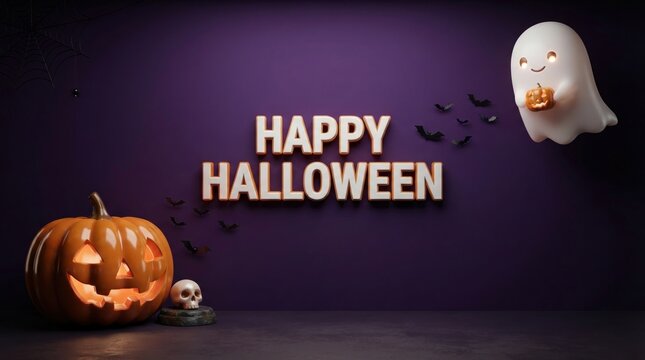 Happy halloween greeting with glowing pumpkin ghost and purple background