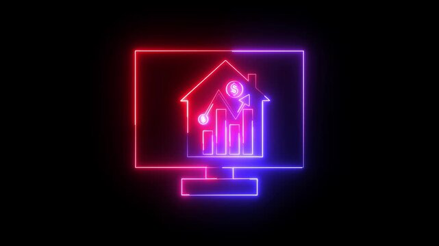 Glowing neon red and blue color business graph sign icon animation dollar money finance chart arrow report profit diagram investment success sign symbol on black background