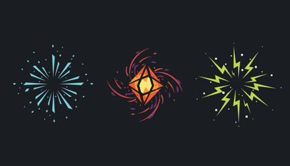 Fototapeta premium Three different abstract glowing energy explosion symbols are illustrated against a dark black background.