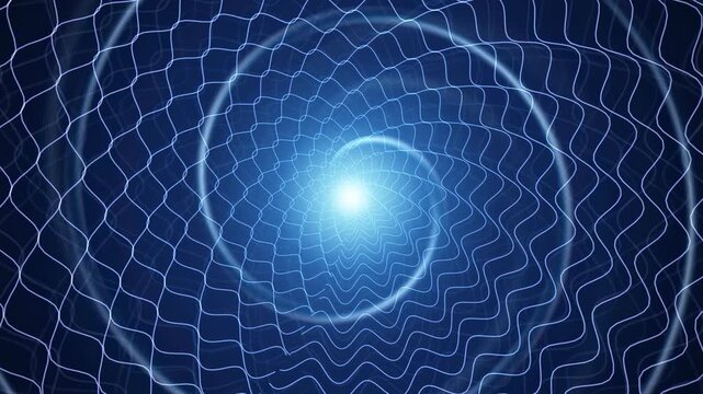 Abstract blue digital energy vortex with glowing light and swirling geometric wave lines
