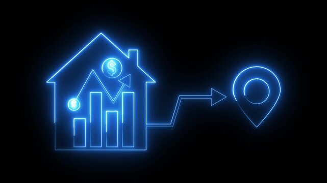 Glowing neon blue color business graph sign icon animation dollar money finance chart arrow report profit diagram investment success sign symbol on black background