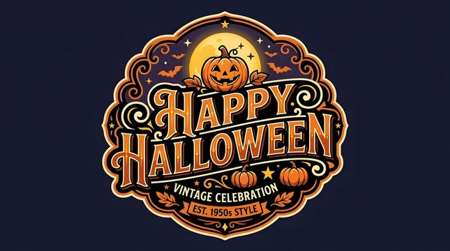 Happy halloween vintage celebration emblem featuring a carved pumpkin orange text and glowing moon in a classic retro decorative style
