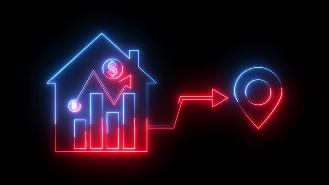 Glowing neon red and blue color business graph sign icon animation dollar money finance chart arrow report profit diagram investment success sign symbol on black background