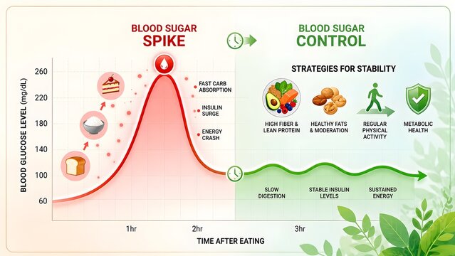 Blood sugar spike versus control infographic showing glucose levels over time with dietary causes and stabilization strategies