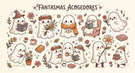 Fototapeta premium Kawaii Cozy Ghosts Collection Pastel Autumn Reading Cute Illustrations